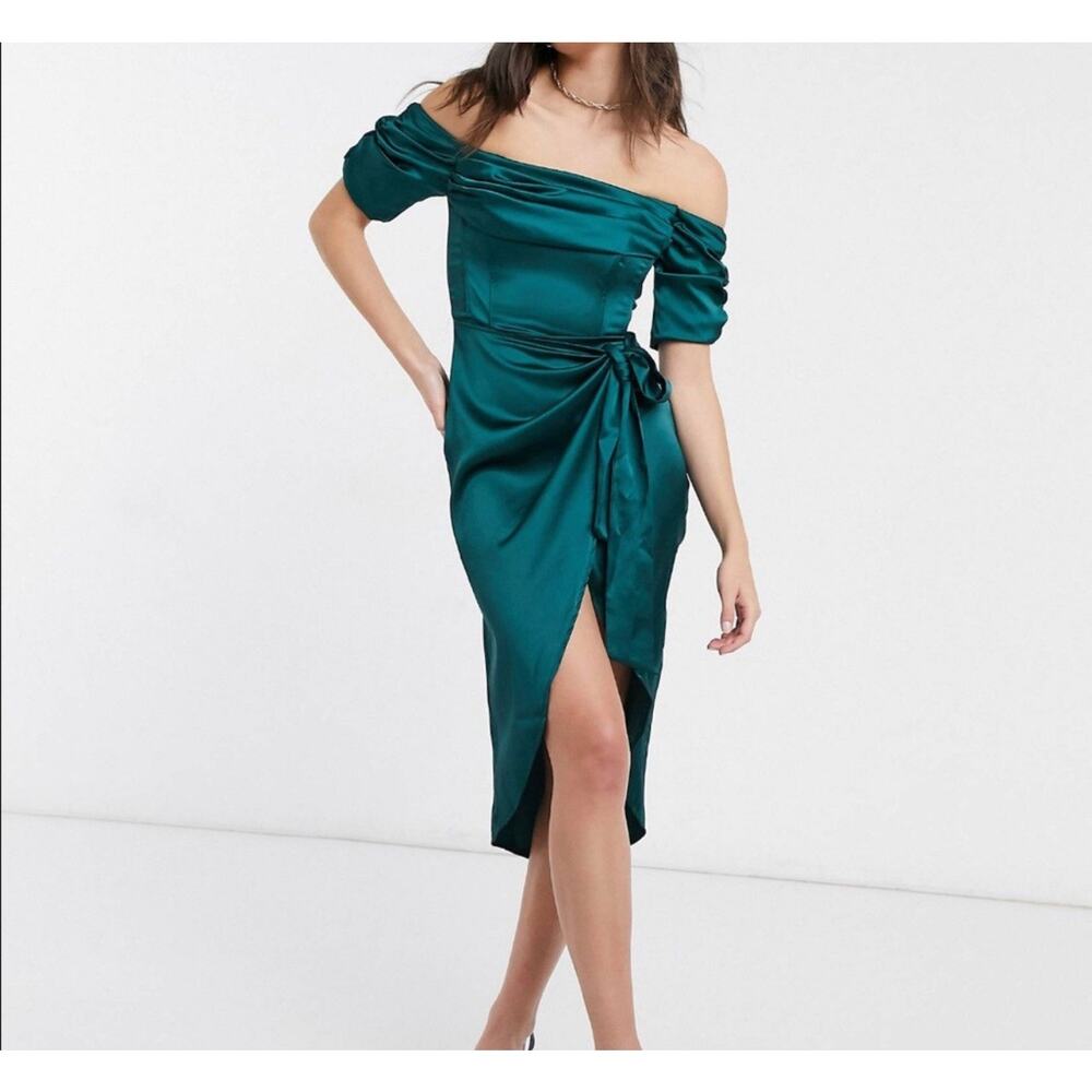 NWT Flounce London bardot ruched midi dress with thigh split wrap tie waist 4